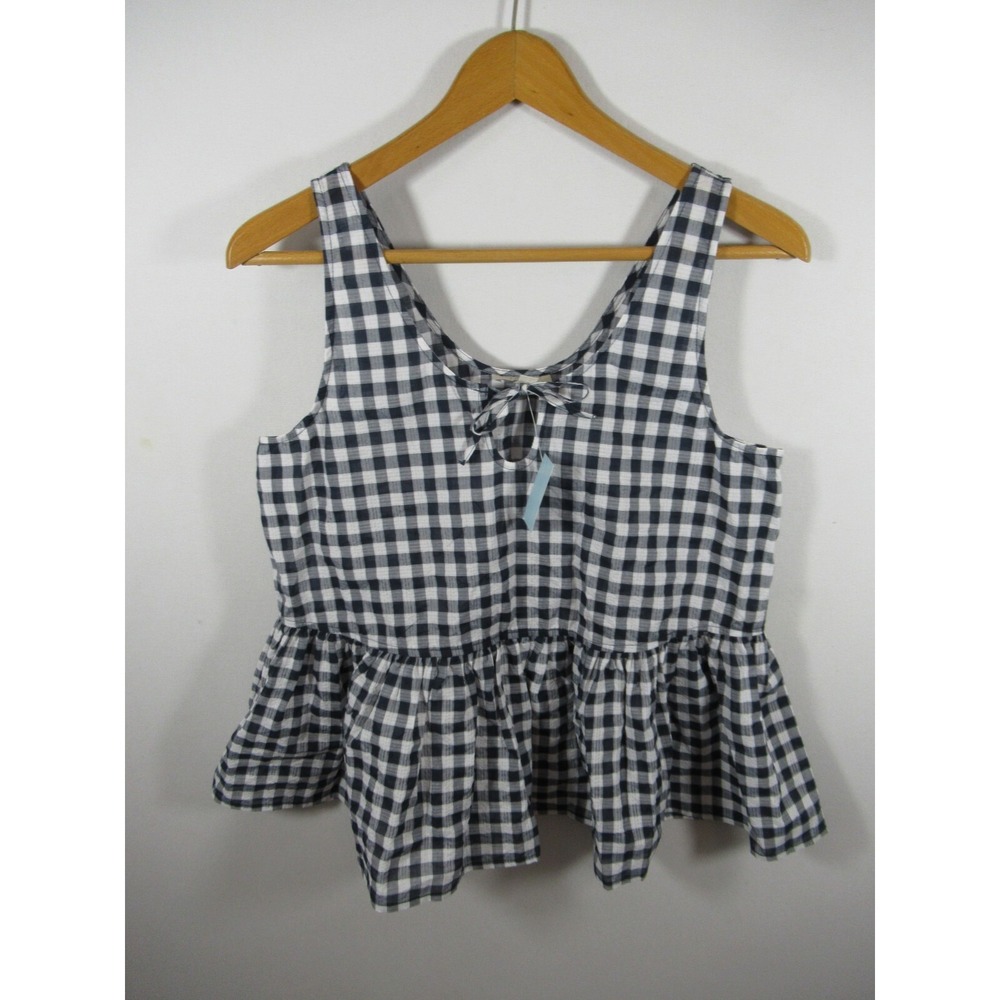 NEW LOFT Peplum Sleeveless Top Women Petite PM Gingham Lightweight Blue/White